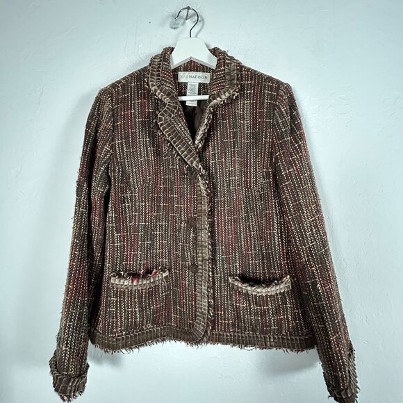 Sag Harbor Womens Brown Tweed Blazer Jacket Size 10 Fringe Trim Pockets Career - Picture 1 of 3